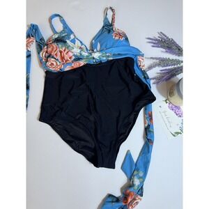 CUPSHE One Piece Swimsuit Women Swimwear Jacquard  V-Neck‎ Blue Floral Sz 0X